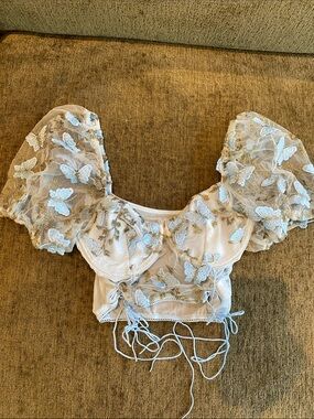 SHEIN Powder Blue Butterfly Lace Puff-Sleeve Crop Top